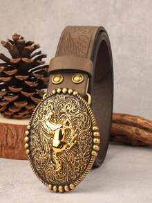 1pc Western Vintage Gold Horse Buckle Belt, Men's Adjustable Durable PU Belt, Suitable For Rodeo And Daily Wear - Multicolor - View 2