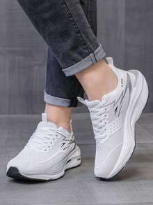 Couples White Mesh Carbon Plate Running Shoes, Lace-Up Breathable Lightweight Sports Shoes, Shock-Absorbing Thick Sole Anti-Slip, Suitable For Marathon Training - White - View 3