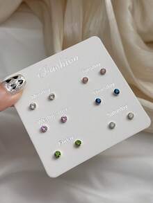 6 Pairs Cute Delicate Multicolor Rhinestone Stud Earrings, Suitable For Women's Daily Casual Wear, Low Allergy Jewelry, Holiday Gift - Multicolor - View 3