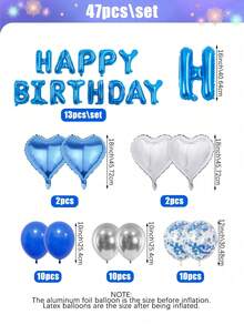 47pcs-Blue Birthday Decoration Set, Includes Happy Birthday Letters, Hearts, Colorful Confetti Latex Balloons, Suitable For Silver Blue Theme, Birthday, Engagement, Wedding, Anniversary, Create Perfect Party Atmosphere, Bedroom - Blue - View 2