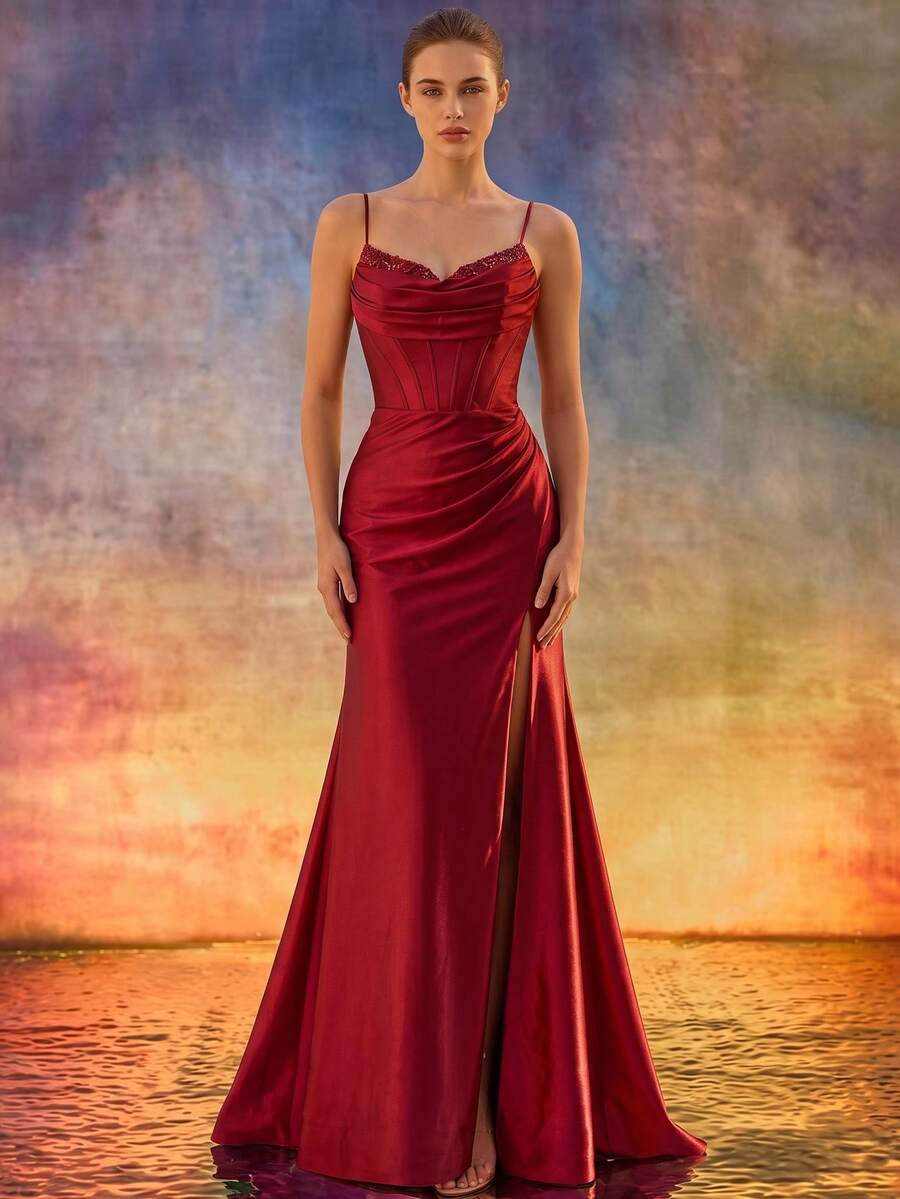 Elegant Red Beaded Ruffle Trim Spaghetti Strap Mermaid High Slit Evening Gown, Suitable For Formal Occasions Such As Galas, Parties, Weddings, Graduations Party Spring - Red - View 1