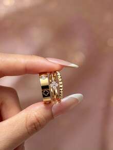 Women's 18K Gold Plated Stackable Ring Set, 3Pcs Four Leaf Clover Cubic Zirconia Rings WithFaceted Texture, Minimalist Stacking Jewelry For Daily Wear - Gold - View 10