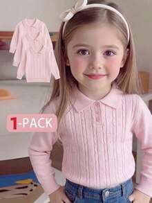 Girls' College Style Solid Color Cable Knit Lapel Sweater Long Sleeve Button Front Pullover Suitable For School Daily Casual Spring Autumn Winter - Pink - View 1