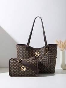 A Casual Women's Tote Bag 3 Pieces Set Made Of PU Material Bag With Quilted Letter Patterns That Blend Personalized And Fashion, Suitable For Daily Use - Coffee - View 4