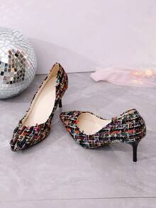1 Pasang Sepatu Hak Stiletto Ujung Lancip Tahan Aus Berbahan Kain Tweed Kotak-kotak dengan Hiasan Rumbai, Cocok untuk Kantor, Pernikahan, dan Pesta - MultiWarna - View 7