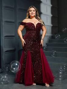 Plus Size Women's Off-Shoulder Burgundy Sequin Backless Mesh Patchwork Extra Long Party Ball Evening Gown - Burgundy - View 4