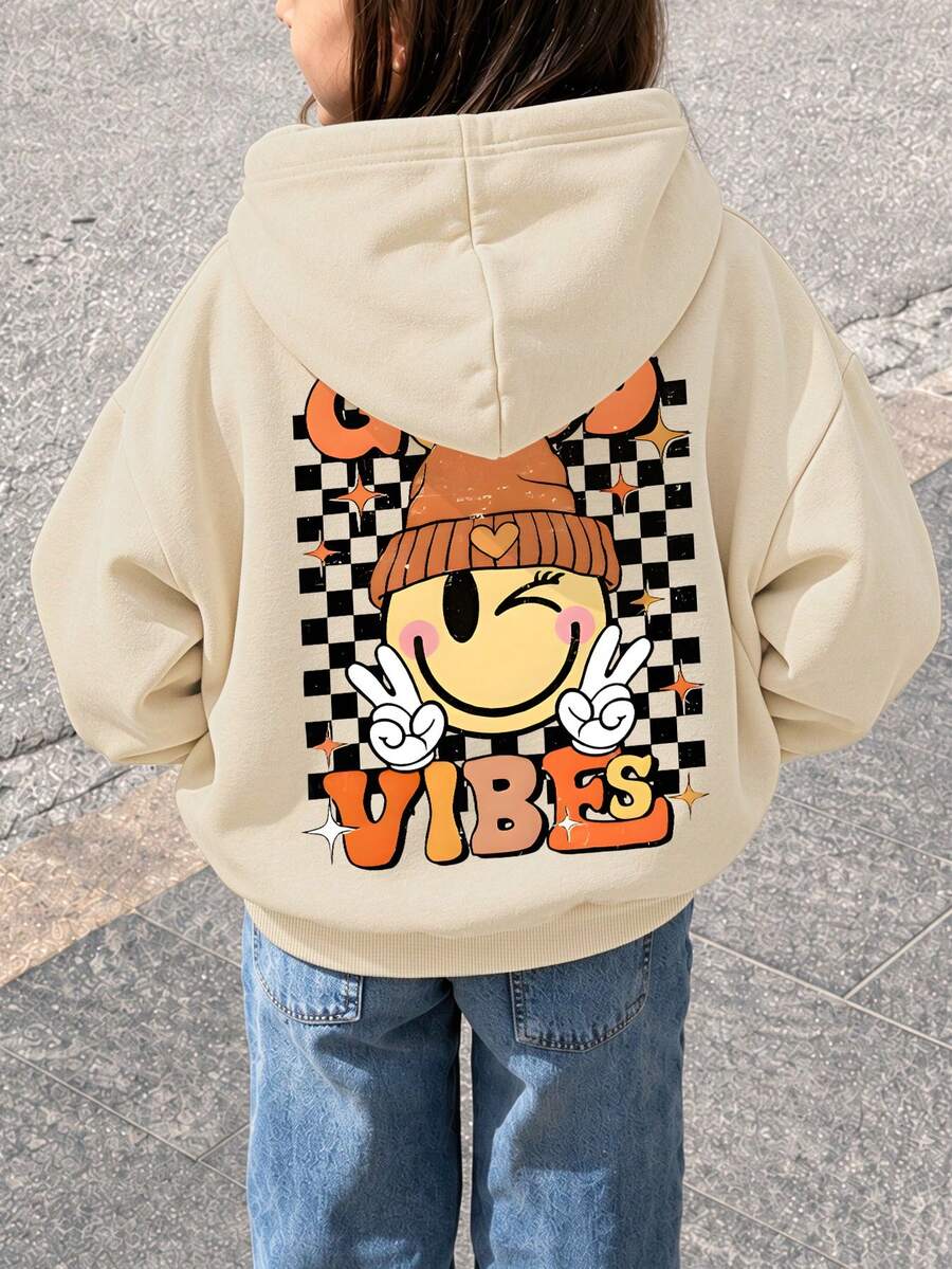 Tween Girl Hooded Sweatshirt, Good Vibes Checkerboard Wink Peace Hand Back Print, Casual Long Sleeve Hoodie For Girls Spring Fall School Wear. - Apricot - View 1