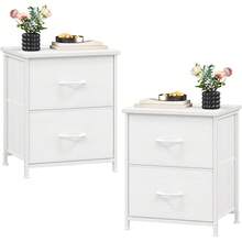 Juego de 2 mesitas de noche blancas con 2 cajones de tela, gabinete de almacenamiento con tablero superior de madera y marco metálico, mesa auxiliar multifuncional para dormitorio, pasillo, entrada y oficina, diseño elegante de piel texturizada - Blanco - Ver 1