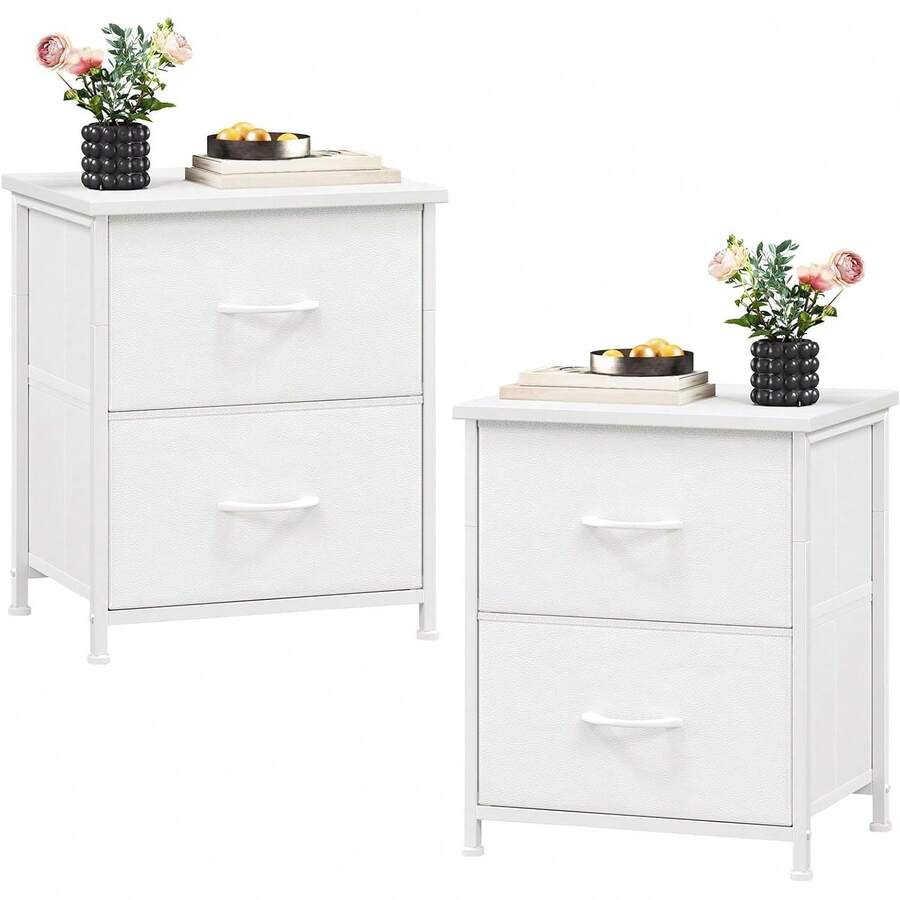 Juego de 2 mesitas de noche blancas con 2 cajones de tela, gabinete de almacenamiento con tablero superior de madera y marco metálico, mesa auxiliar multifuncional para dormitorio, pasillo, entrada y oficina, diseño elegante de piel texturizada - Blanco - Ver 1