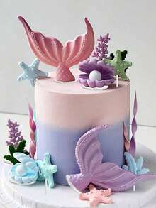 8pcs Purple Mermaid Cake Decoration Set, Including Shells, Mermaid Tails, Starfish Decorations, Will Bring Unparalleled Joy And The Most Beautiful Moments To Your Family And Friends. Bring Dreamy And Beautiful Decorations To Your Party. (Please Use With Tray And White Sticks) - Multicolor - View 2