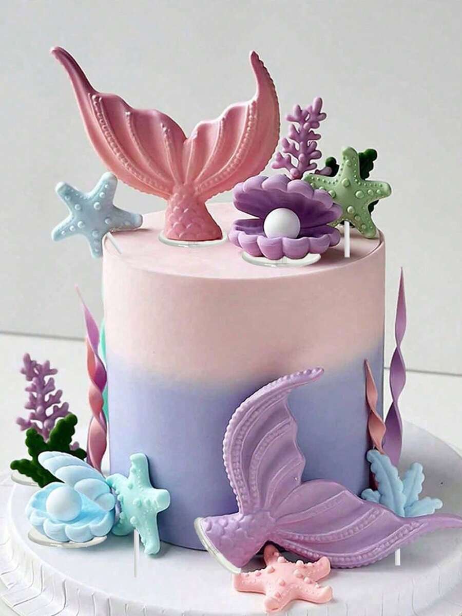 8pcs Purple Mermaid Cake Decoration Set, Including Shells, Mermaid Tails, Starfish Decorations, Will Bring Unparalleled Joy And The Most Beautiful Moments To Your Family And Friends. Bring Dreamy And Beautiful Decorations To Your Party. (Please Use With Tray And White Sticks)