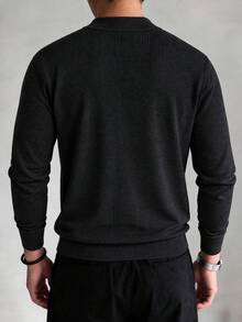 Men's Textured Knit Polo Sweater With Half Zip And Turn-Down Collar, Black Long Sleeve Casual Commuter Pullover Top, Autumn/Winter - Black - View 9