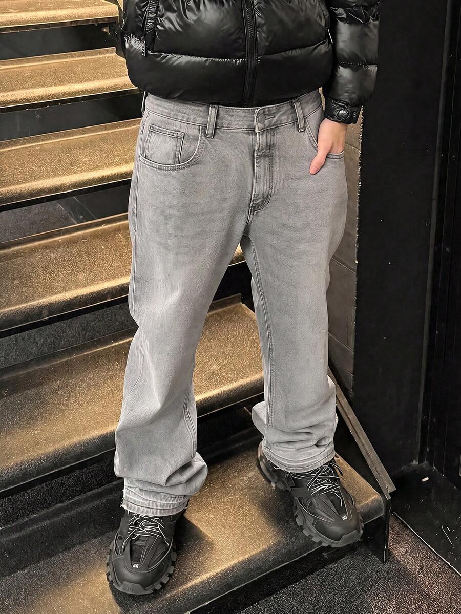 Vintage Light Blue Washed Denim Jeans, Distressed Frayed Hem Flared Leg Pants For Men, Versatile Slimming Long Pants, Streetwear Casual Daily Commute Flared Denim Jeans, All-Season Wear Versatile Denim Long Pants - Light Grey - View 1