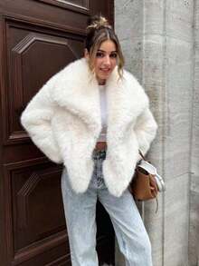 Women's Winter Solid Color Faux Fur Coat, Large Lapel Open Front Loose Thickened Plush Jacket - White - View 8
