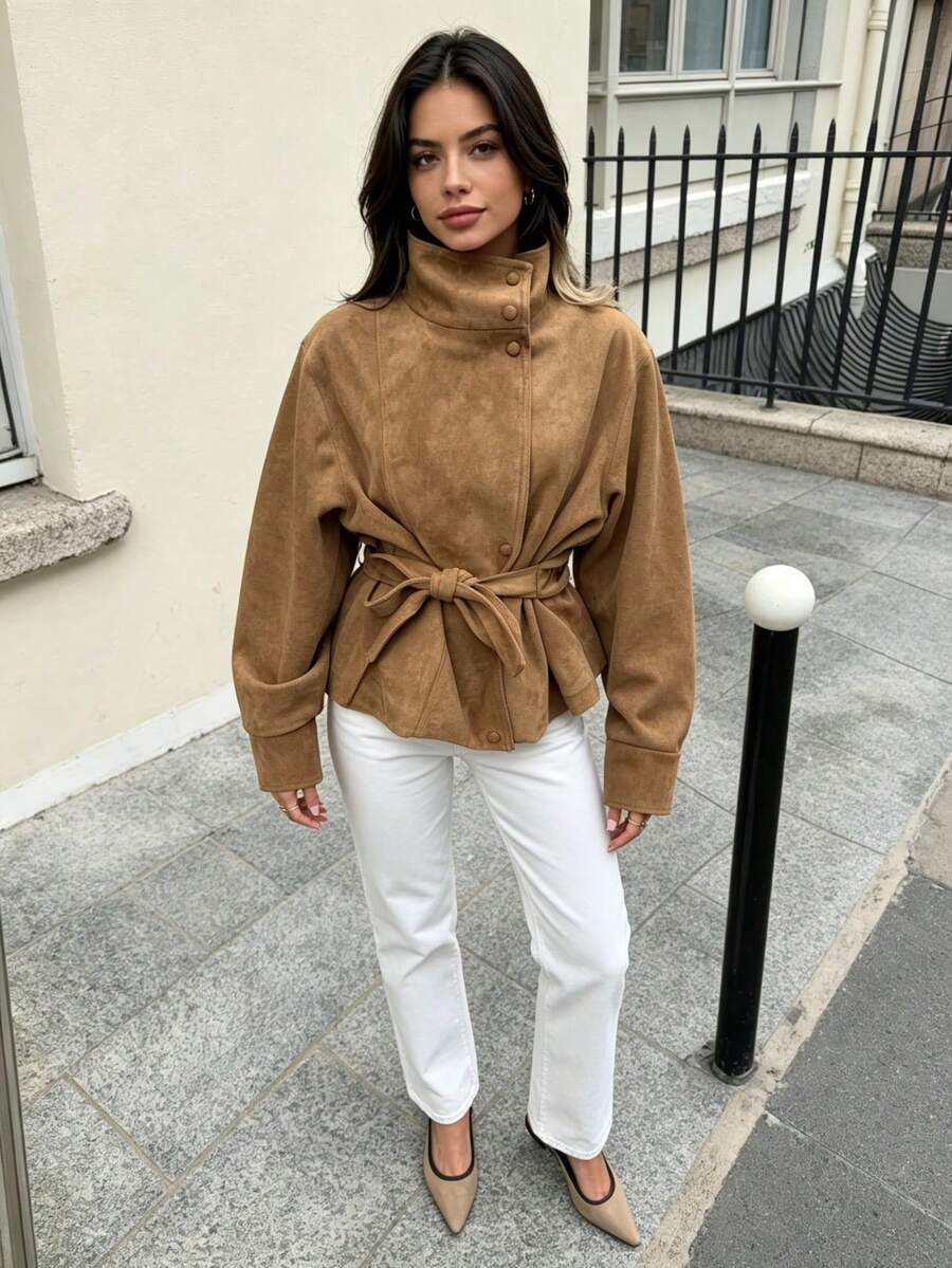 DEEKA Autumn New Women's European And American Style Fashion Minimalist Versatile Belted Suede Texture Effect Jacket - Khaki - View 1