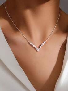 1pc Elegant Cubic Zirconia Pendant Necklace, Exquisite Women's Gift, Suitable For Birthday, Party, Holiday - V-shape - View 2