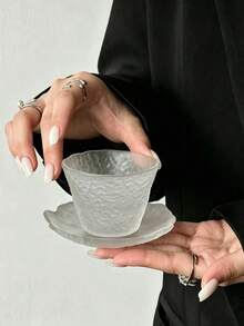 1pc Premium Glass Tea Cup And Saucer Set, Japanese Style Conical Tea Cup, Kung Fu Tea Cup, Personal Tea Cup, Host Cup, Transparent Frosted Cloud Mist Cup And Saucer - Multicolor - View 9