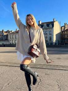 Women's Solid Color Casual Loose Elegant Ribbed Cuff Split Hem Long Sleeve Crew Neck Pullover Sweater, Suitable For Home And Daily Wear, Autumn - Khaki - View 3