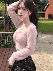 Short Cardigan Vest & Tube Top 2 Pieces Set, Minimalist Sexy Style, Fuzzy Knit, Women's Winter Outfit - Pink - View 6