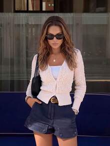 Soft Pink V-Neck Fitted Knit Sweater Women, Pleated Cable Knit Cardigan, Collegiate Style - Pink - View 4