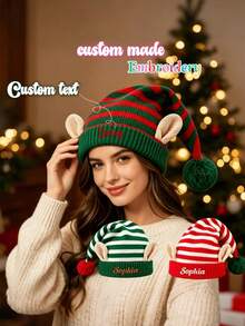 1pc Personalized Knitted Elf Christmas Hat With Custom Name, Red Green Striped Beanie With Ears And Pom Pom, Xmas Holiday Party Costume Accessory - Multicolor - View 3