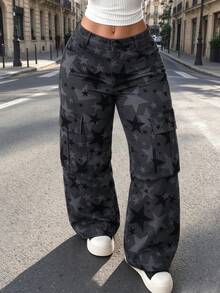 Women's Star Camo Print Cargo Pants, Dark Grey Loose Wide Leg, Multi Pockets, Outdoor Sports Y2K Street Style - Grey - View 1