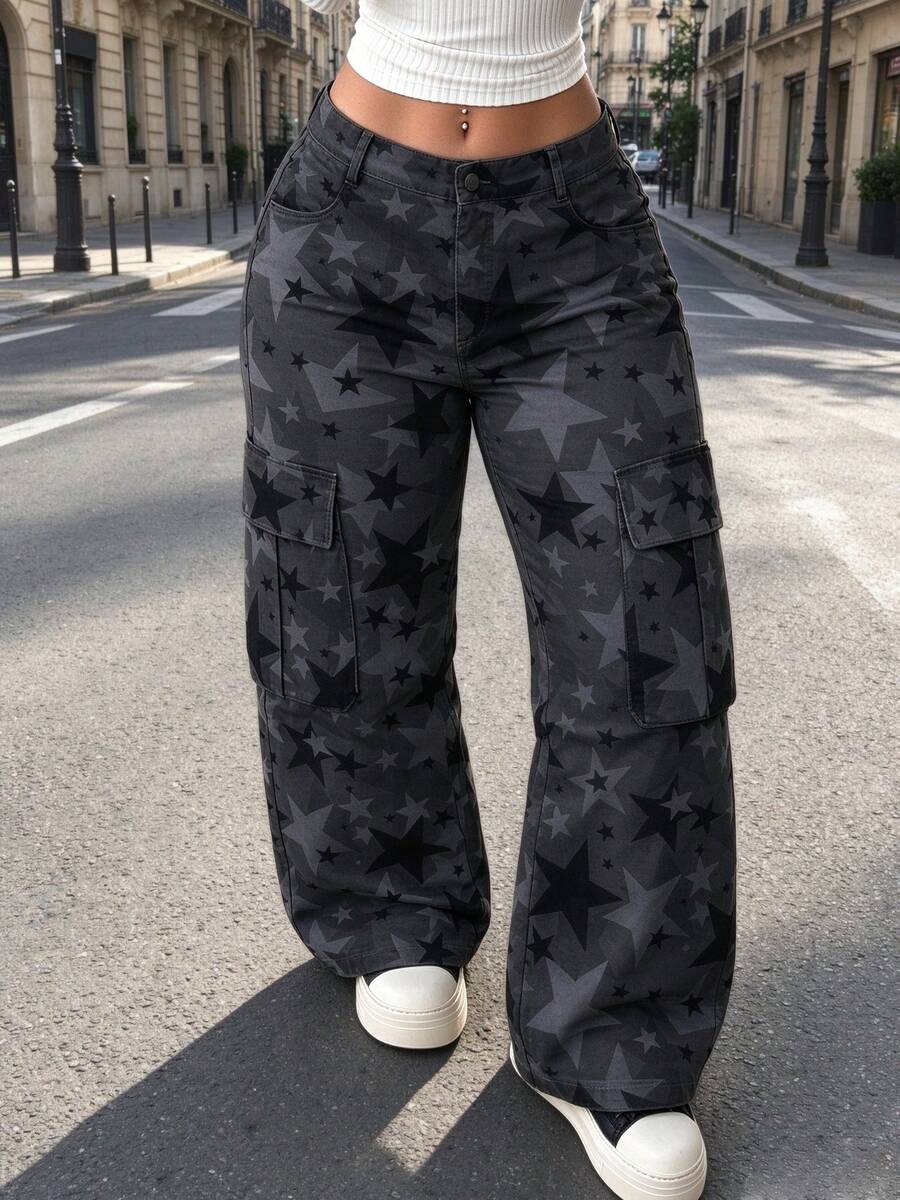 Women's Star Camo Print Cargo Pants, Dark Grey Loose Wide Leg, Multi Pockets, Outdoor Sports Y2K Street Style - Grey - View 1