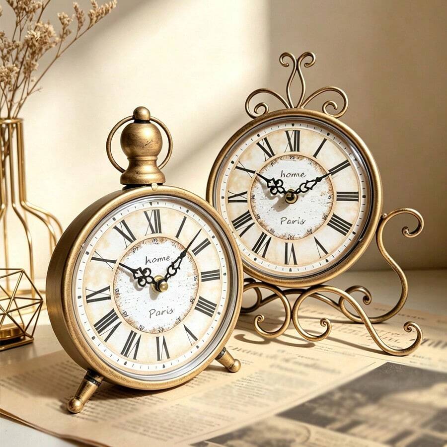 European Retro Iron Art Painted Desktop Clock, 3D Tabletop Clock, Living Room Bedroom Decor, Wall Hanging Clock, Fashion Silent Desk Clock, Gift, Luxury Clock, Housewarming Gift, Home Decor
