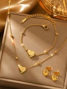 VceTd 1 Set Romantic Heart Pendant Stainless Steel Women's Jewelry Set Suitable For Women's Daily Wear Or Valentine's Day Gift - Yellow Gold - View 1