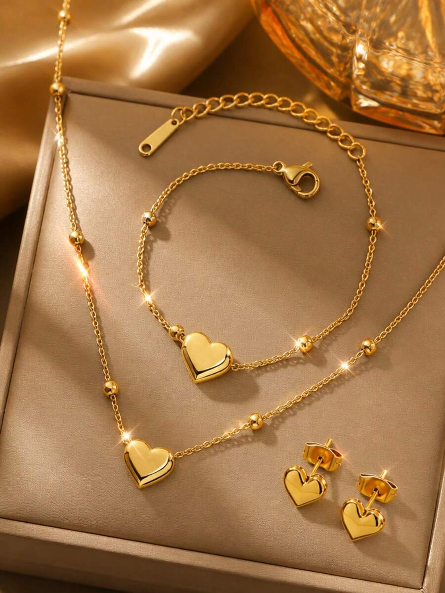VceTd 1 Set Romantic Heart Pendant Stainless Steel Women's Jewelry Set Suitable For Women's Daily Wear Or Valentine's Day Gift - Yellow Gold - View 1
