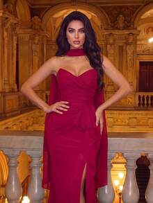 Faeriesty Elegant Women's Sleeveless V-Neck Chiffon Maxi Dress With Ruffle Hem And Thigh Slit, Suitable For Party And Ball - Burgundy - View 3