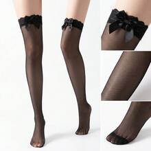Women's White Knee-High Socks, Lace Trim Top, Large Bow Decor, Soft Elastic Fit, Suitable For Matching With Skirts - Multicolor - View 7