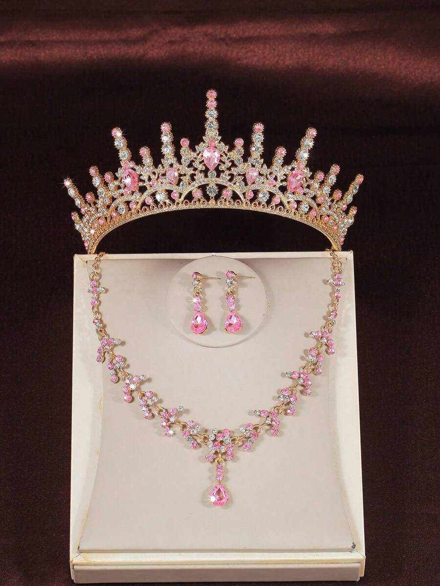 4‑Piece Kids Jewelry Set Pink Rhinestone Crown, Necklace And Earrings.Stage Performance Accessories,Children Birthday Gift & Party Hair Ornaments - Gold - View 1