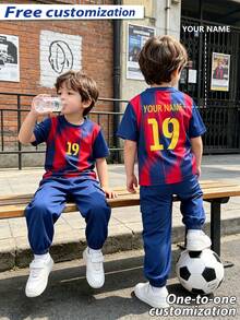 [Customized] Fashionable Comfortable Personalized Name Customized Football Jersey & Pants Set 2pcs, Number 19 Jersey 4y-7y Unisex Kids Casual Round Neck Short Sleeve & Long Pants Set - Red - View 3