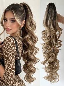 20/32 Inch Long Wavy Curly Ponytail Wig, Synthetic Heat Resistant Claw Clip Wavy Ponytail Wig, Suitable For Women, Blonde With Brown - Blonde Ombre - View 1