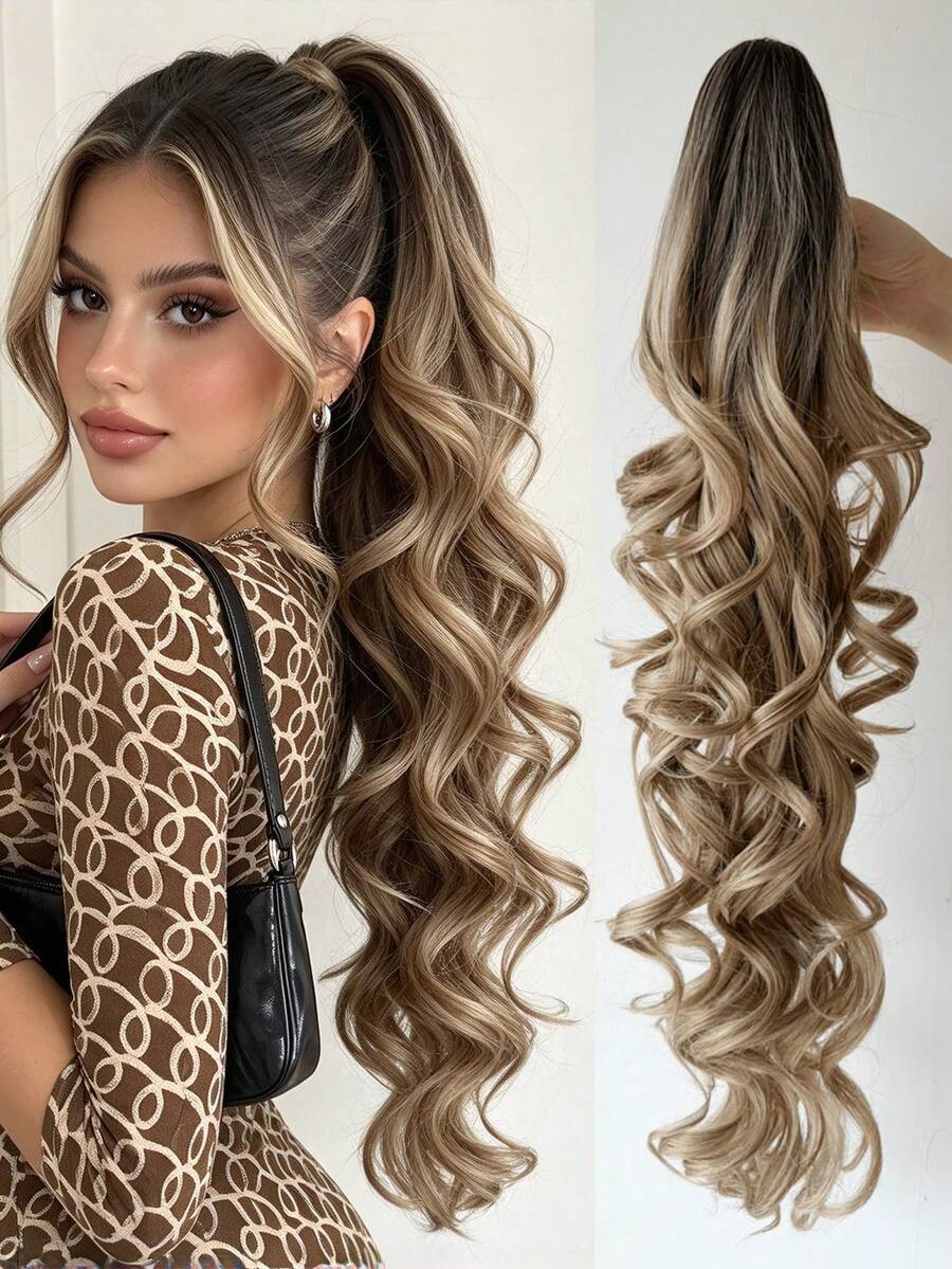 20/32 Inch Long Wavy Curly Ponytail Wig, Synthetic Heat Resistant Claw Clip Wavy Ponytail Wig, Suitable For Women, Blonde With Brown - Blonde Ombre - View 1
