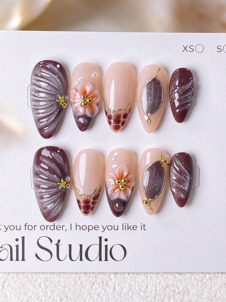 10pcs Handmade Detachable Fake Nails, Red-Brown Autumn French Pointed Nails With Shell Pattern And Water Ripple, Silver Glitter Accents, Handmade 3D Carved Gold Trim, Pearl And Gold Decor, Suitable For Daily Wear, Party, Holiday, Date And Other Occasions - Chocolate Brown - View 1
