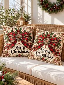 shangxia 2 cái vỏ gối sofa họa tiết in chữ Merry Christmas và nơ kẻ caro đỏ phong cách vintage, trang trí lễ Giáng sinh (không kèm ruột gối) - Nhiều màu - Xem 10