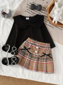 2pcs Baby Girl Cute Peter Pan Collar Ribbed Long Sleeve Top & Plaid Brushed Skirt Set, Thin Spring/Autumn - Black - View 3