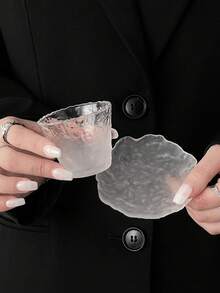 1pc Premium Glass Tea Cup And Saucer Set, Japanese Style Conical Tea Cup, Kung Fu Tea Cup, Personal Tea Cup, Host Cup, Transparent Frosted Cloud Mist Cup And Saucer - Multicolor - View 5