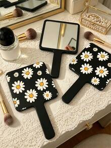 Black Daisy Handheld Mirror, Square Handle Makeup Mirror With White Flower Pattern Back, Portable Hand Mirror For Women Girls, Makeup Tools Vanity Accessories Room Decor Bedroom Vanity Dressing Table, Christmas Gift, School Travel Essentials - Multicolor - View 1