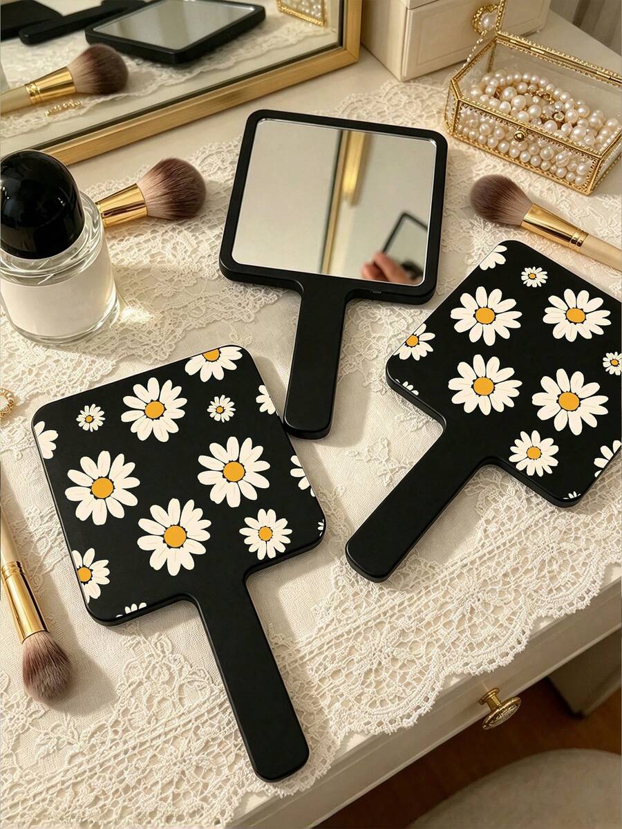 Black Daisy Handheld Mirror, Square Handle Makeup Mirror With White Flower Pattern Back, Portable Hand Mirror For Women Girls, Makeup Tools Vanity Accessories Room Decor Bedroom Vanity Dressing Table, Christmas Gift, School Travel Essentials - Multicolor - View 1