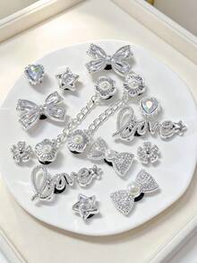 14pcs Silver Shoe Charms, Bows, Stars, English Letters, Flower Chains Detachable Handmade DIY Accessories, Suitable For All Shoes With Holes, Perfect Gift For Holidays - Silver - View 2
