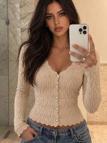 Yuwenier Apricot Chunky Knit Cardigan, Wavy Edge V-Neck, Front Button Design, Long Sleeve Slim Fit Cropped Top, Soft Fabric, Spring/Autumn Casual Daily Wear - Khaki - View 1