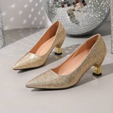 Women's Metallic Glitter Pointed Toe Low Vamp Pumps, Striped Soft Leather, Metallic Wine Glass Chunky Heel, Comfortable High Heels For Wedding And Party - Gold - View 3