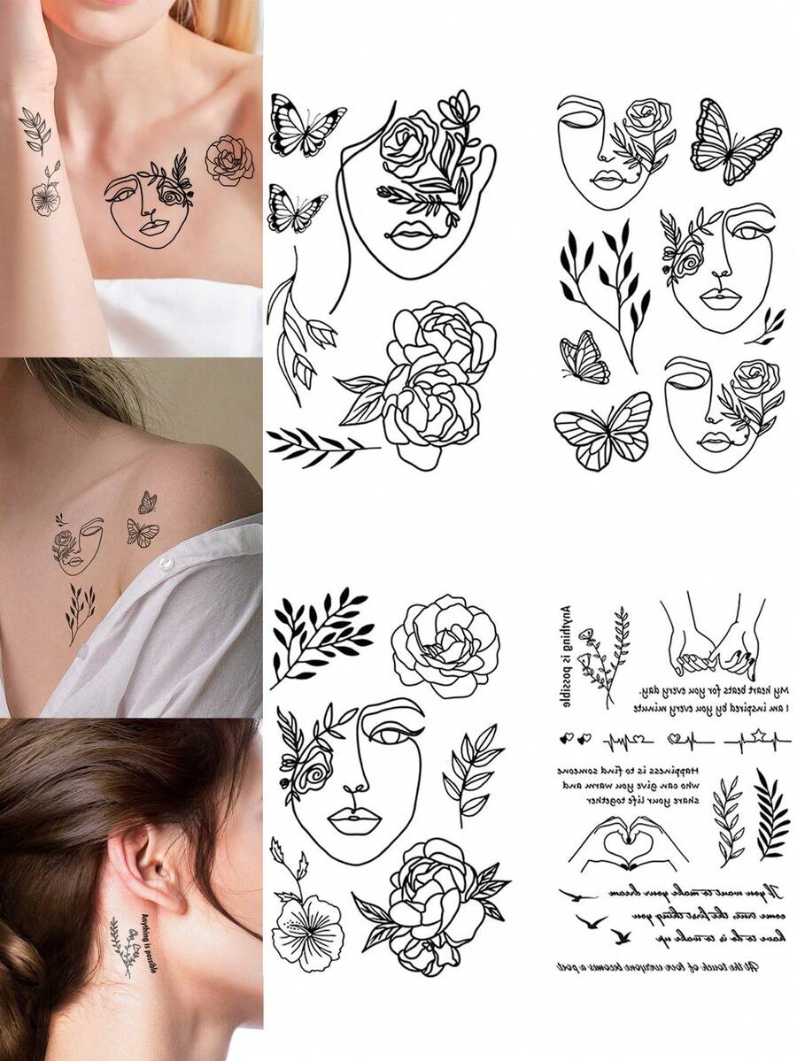 4PCS Creative Floral Butterfly Human Face Bird Pattern Party Gift Holiday Gift DIY Music Festival Temporary Tattoo Stickers For Arm Shoulder Neck Collarbone Waterproof Body Skin - Black - View 1