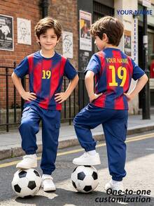 [Customized] Fashionable Comfortable Personalized Name Customized Football Jersey & Pants Set 2pcs, Number 19 Jersey 4y-7y Unisex Kids Casual Round Neck Short Sleeve & Long Pants Set - Red - View 4