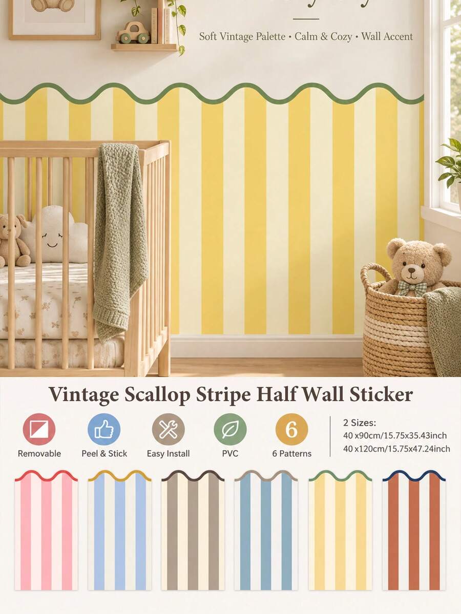 SUPSTICKER 1pc Vintage Scalloped Stripe Half Wall Sticker, Removable PVC Wall Decor, Suitable For Nursery, Kids Room And Home Interior, 17.72x35.4/47.24 Inches - Multicolor - View 1