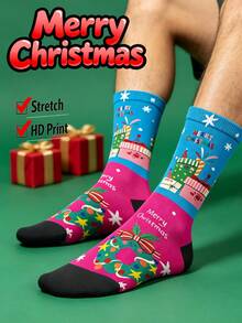Cool 360° Printed Men's Socks - Streetwear Socks,Candy Cane,Gingerbread Man,Christmas,Colorful,Funny Socks, Fit Daily, Holiday & Party Occasions - Blue - View 9