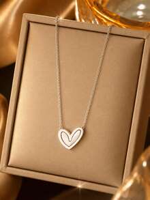 VceTd 1pc Stainless Steel Heart Pendant Necklace, Suitable As Holiday Gift For Women - Silver - View 1